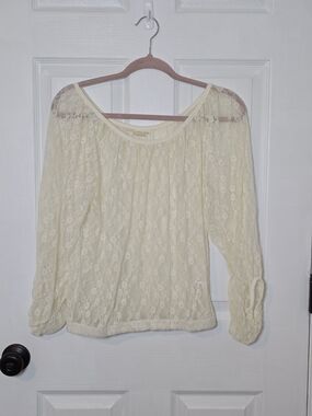 Derek Heart Women’s Cream Lace Peasant Blouse Boho Sheer Long Sleeve Top Large
